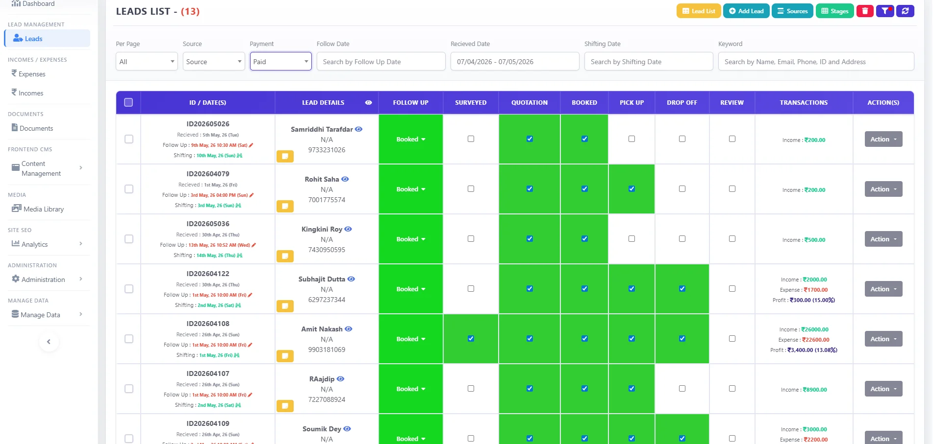 Lead Management table like workflow with dynamic stages